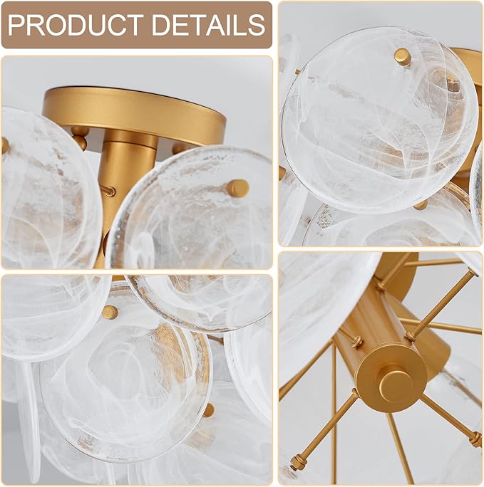 Modern Flush Mount Glass Ceiling Light, Gold Hallway Lights Vintage Chandelier, 4-Light Unique Light Fixture for Bedroom Entryway Loft Kitchen Laundry Bathroom Farmhouse