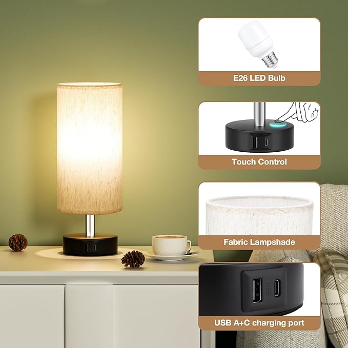 PartageiZ Small Touch Lamps Set of 2 - Table Lamps for Nightstand, Minimalist Bedside Lamps for Bedroom with 3000K Dimmable Bulbs