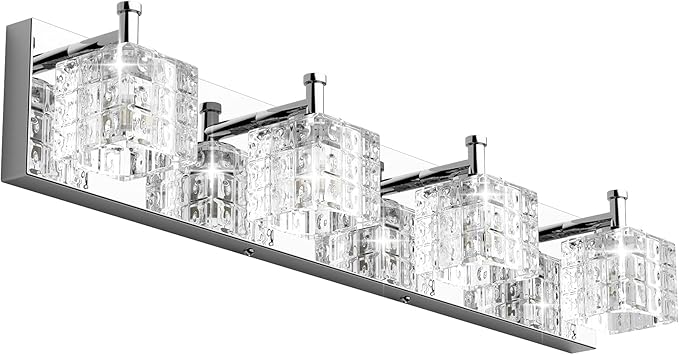 Ralbay Modern LED Chrome Vanity Lights - 4 Lights Crystal Bathroom Light Fixtures Over Mirror