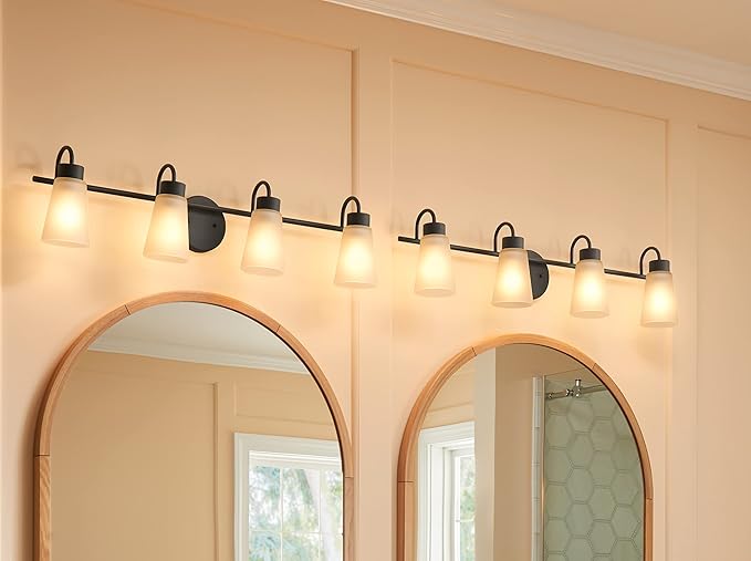 Kichler Stamos 4-Light Bathroom Vanity Light Fixture with Satin Etched Glass Shades, 26 in Modern Wall Light in Black for over Mirror (26 in x 8 in x 5 in), 52608BK