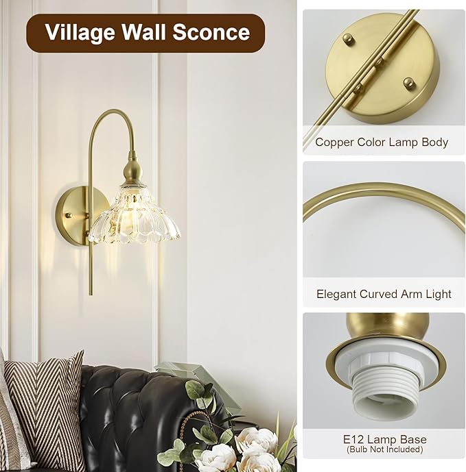 Vintage Wall Sconces with Clear Flower Glass Lampshade, Indoor Bath-Room Wall Sconce, Modern Gold Industrial Lighting Fixture for Mirror Living Room Hallway 1 Pack