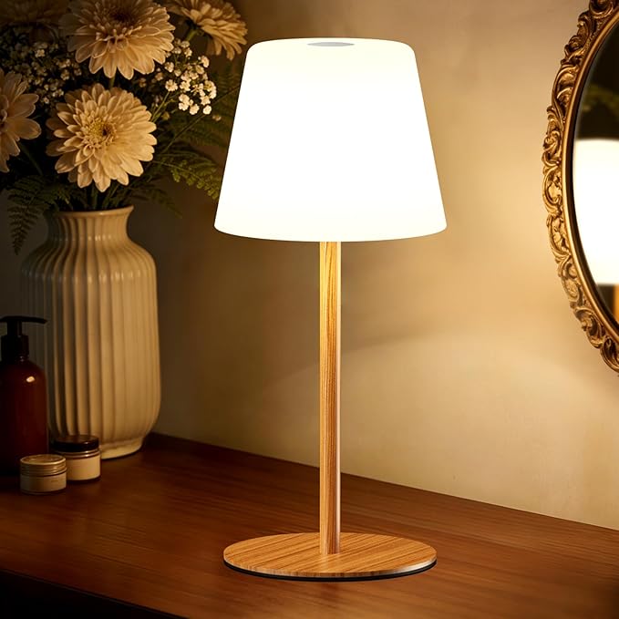 NEEZUKAR Cordless Table Lamp for Bedroom,Rechargeable IP65 Waterproof Shower Lamp with Battery Operated, Touch Dimmable LED Desk Light for Bathroom,Kitchen,Outdoor Patio (Wood Grain)