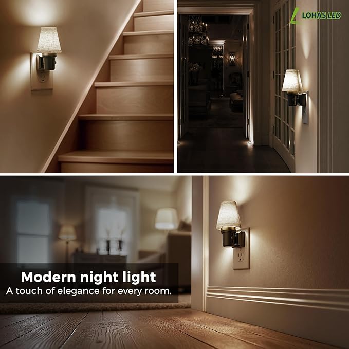 L LOHAS LED Night Lights Plug into Wall, 2 Pack Linen Fabric Round Platform Decor Night Light, Dusk to Dawn Sensor Vintage Nightlight, 5000K Daylight 0-100LM Dimmable, for Bedroom Living Room Hallway