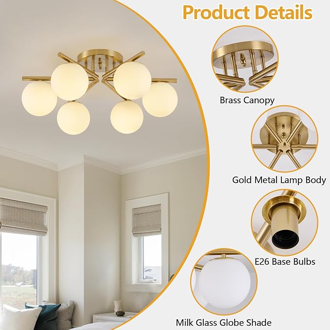 6 Lights Sputnik Ceiling Light Fixture,Semi Flush Mount Ceiling Light Sputnik with Milk Glass Globe, Brushed Brass Chandelier for Living Room, 25.98‘’ Large Mid Century Modern Fixture