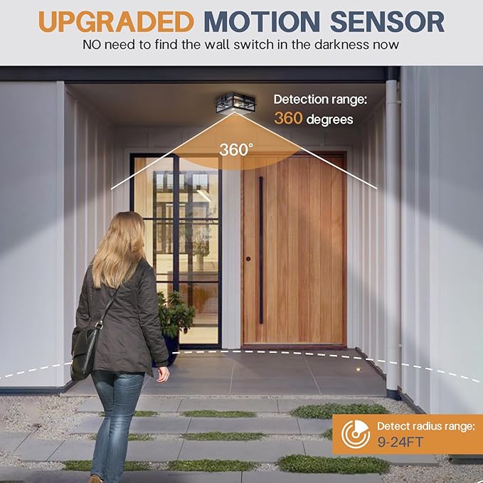 Upgraded Motion Sensor Outdoor Ceiling Light,outdoor flush mount porch light with Adjustable sensor, Dusk to Dawn 2-Light Outdoor Light Fixture Ceiling Mount with Clear Glass for Porch Garage Patio