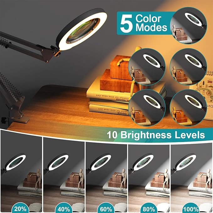 10X Magnifying Glass with Light and Stand, 5 Color Modes, Brightness Stepless Dimmable LED Lighted Magnifier Hands Free, 2-in-1 Desk Lamp & Clamp Light, Magnifier Lamp for Crafts - Silvery