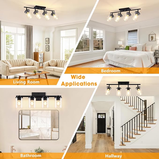 FadimiKoo 4-Lights Track Lighting Fixtures Ceiling with Clear Glass Shades, Modern Black Semi Flush Mount Ceiling Light, Rotatable Wall Mount Ceiling Lamp for Kitchen Hallway Bedroom