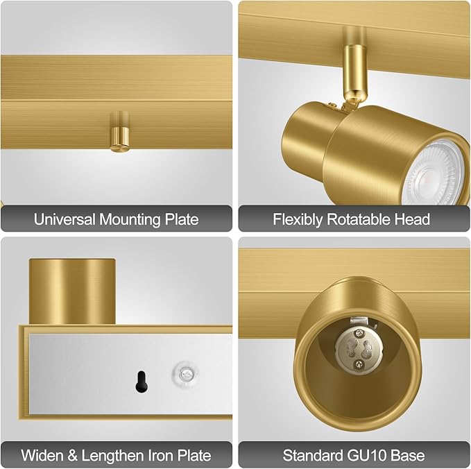 Plug in Track Lighting, 23" LED Track Light Fixtures Ceiling, Gold 4 Way Spotlight, Rotatable Light Head, Plug in Ceiling Light with Power Cord, Plug Wall Light for Kitchen Hallway Bar(GU10, NO Bulb)