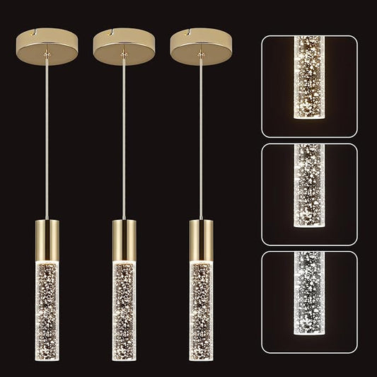 OKELI Modern Pendant Light,3 Color LED Bubble Crystal Island Light Fixtures,Gold Mini 3CCT Pendant Lighting for Kitchen Island,Bar,6W,3000-6000K,ETL(3 Pack
