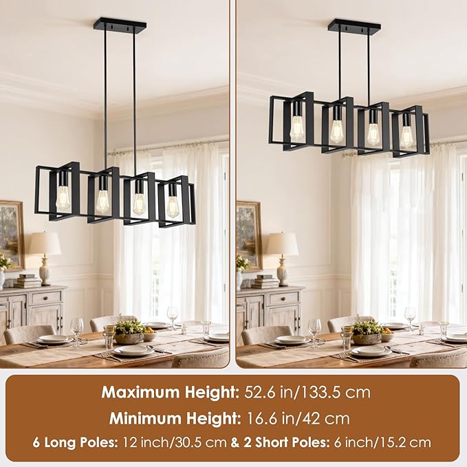 Dining Room Light Fixture, 4-Light Kitchen Island Lighting, Height Adjustable Island Lights For Kitchen, Black Linear Chandeliers For Dining Room, Metal Farmhouse Chandelier for Living Room(No Bulb)
