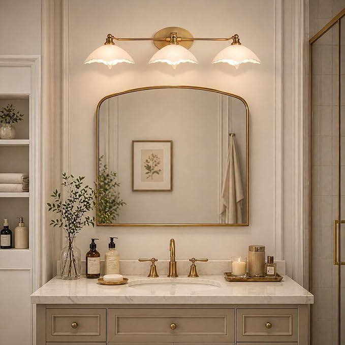 Bathroom Light fixtures Brass Vanity Light -3 Light Bathroom Vanity Light E12 Bulb Holder, 33.85 Inch Large White Light, Retro Luxury Bathroom Mirror Lighting