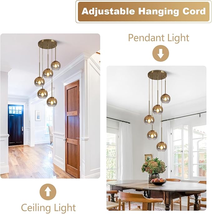 KCO Lighting 5 Light Cluster Pendant Lighting Gold Glass Pendant Light Mid Century Modern Dining Room Light Fixture Small Globe Cluster Chandelier Light Fixture