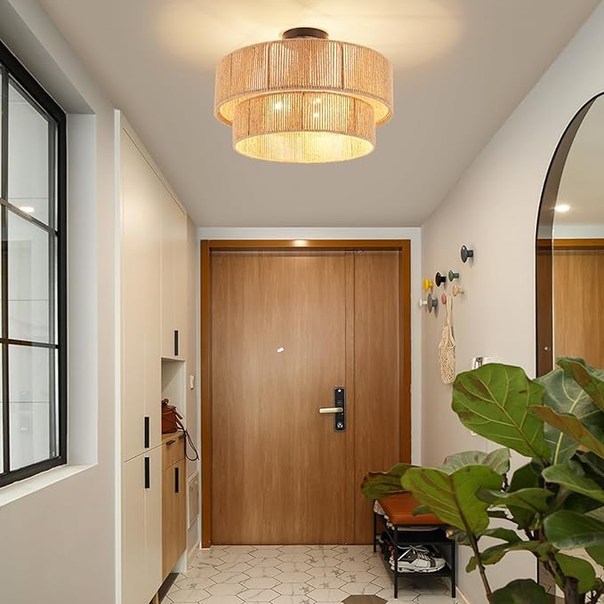 Boho Semi Flush Mount Ceiling Light Rattan Ceiling Light 18" Farmhouse Ceiling Lamp with Natural Hemp Rope Lampshade for Dining Room Living Room Bedroom Kitchen