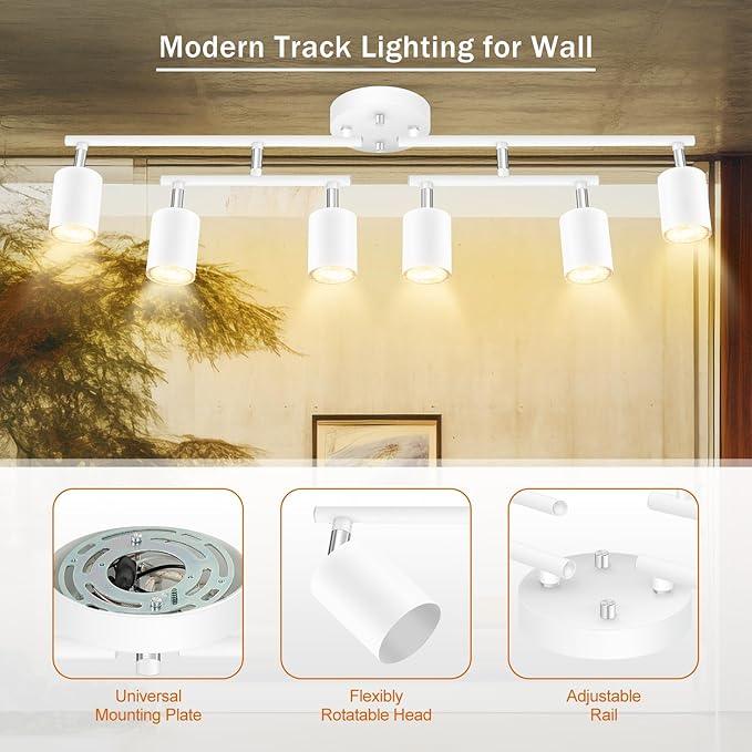 Track Lighting Fixture Ceiling, 30" Modern LED Track Lighting Kit, White 6 Light Ceiling Light for Kitchen, Rotatable Spotlight Heads, Flexible Wall Mount Spot Lighting for Island/Bedroom(NO Bulb)