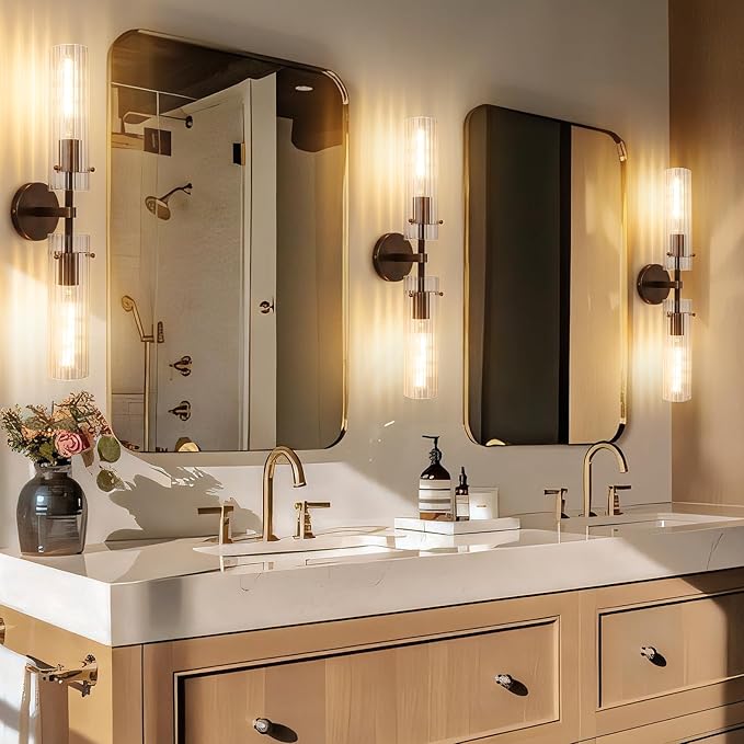 Brass Bronze 2-Light Knurled Wall Sconce, Dual-Head Vanity Lamp Set of Two with Vertical Striped Glass Tube, Bathroom Wall Sconces, Wall Lights for Living Room Bedroom Hallway Kitchen Bathroom Mirror