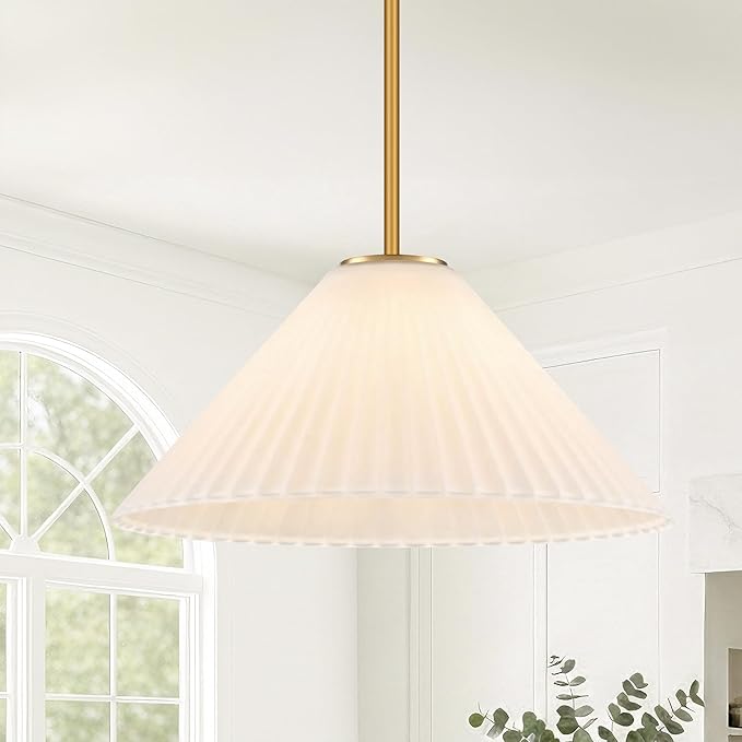 15.7 Inch Modern Pendant Lights, Ribbed Milk Glass 1-Light Single Pendant Lighting Fixtures, White Cone Mid Century Ceiling Hanging Light for Kitchen Island Dining Room Over Sink Table Hall