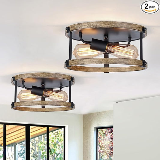 2 Pack Farmhouse Flush Mount Ceiling Light Fixture, 12.5 Inch 2-Light Rustic Ceiling Mount Light Fixtures, Round Drum Brown Wood Finish Flush Mount Lights for Kitchen Bedroom Hallway Dining Room