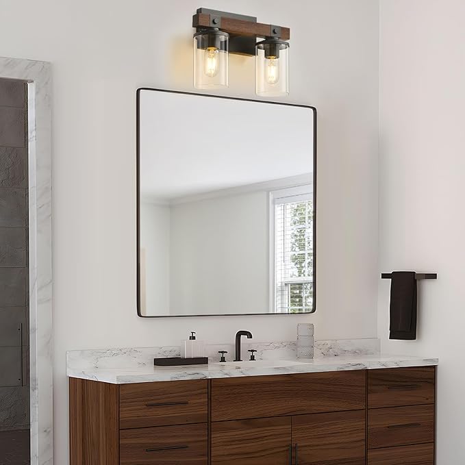 GoYeel Farmhouse Vanity Lights for Bathroom, Wooden Rustic Vanity Lighting fixtures 2-Light Bathroom Lights Over Mirror Vintage Wall Sconce Lighting with Clear Glass Shade for Bedroom Hallway
