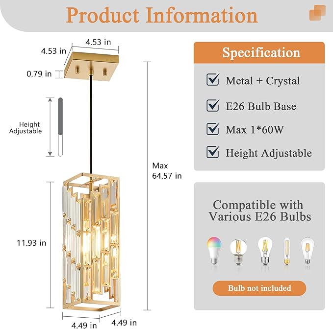 Gold Pendant Lights Kitchen Island 2 Pack, Adjustable Modern Pendant Light Fixtures, Mini Crystal Chandeliers for Dining Room Bedroom Foyer Hallway