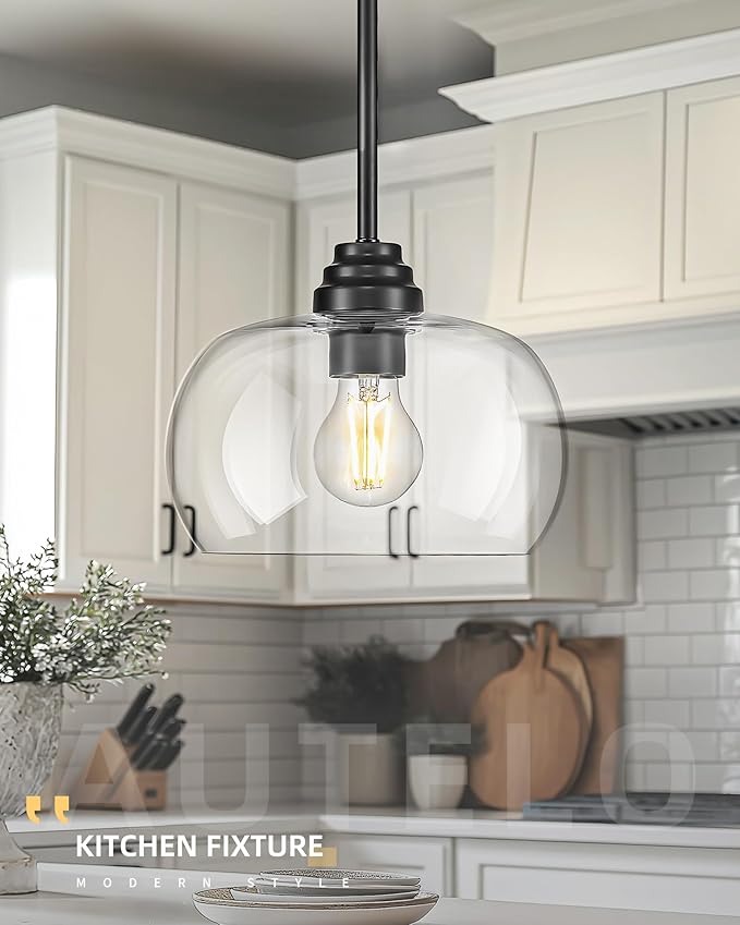 AUTELO 2 Pack Matte Black Pendant Lights, Kitchen Pendant Lights Over Island with Clear Drum Glass, Island Pendant Lights for Kitchen Dining Room Bar, H9385 BK-R-2PK