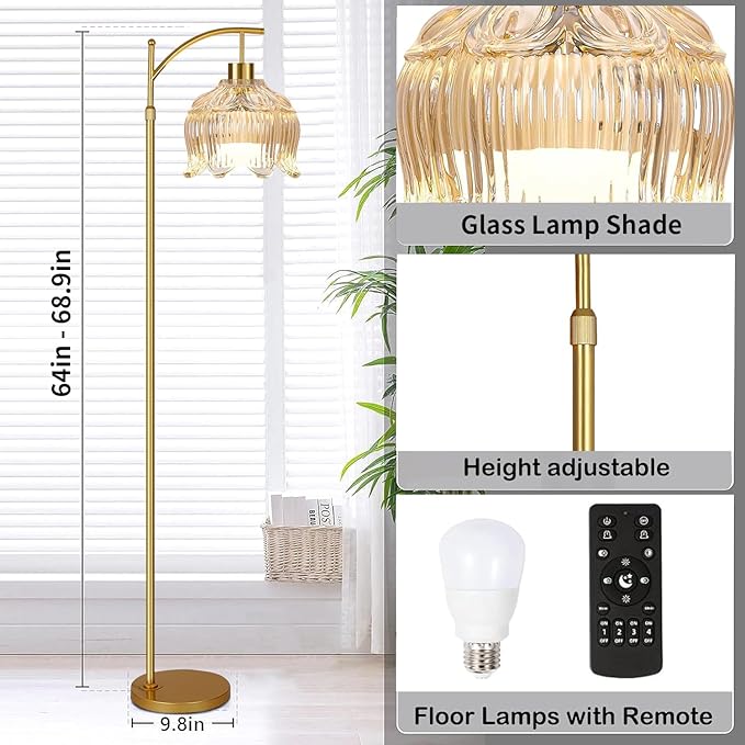 QIYIZM Floor Lamp for Living Room,Bedroom,Gold Dimmable Standing Lamp with Remote,Mid Century Modern Brass Tall Lamp Boho Floor Lamps Arc Stained Glass Tulip Flower Floor Light Lamp Girls Bohemian