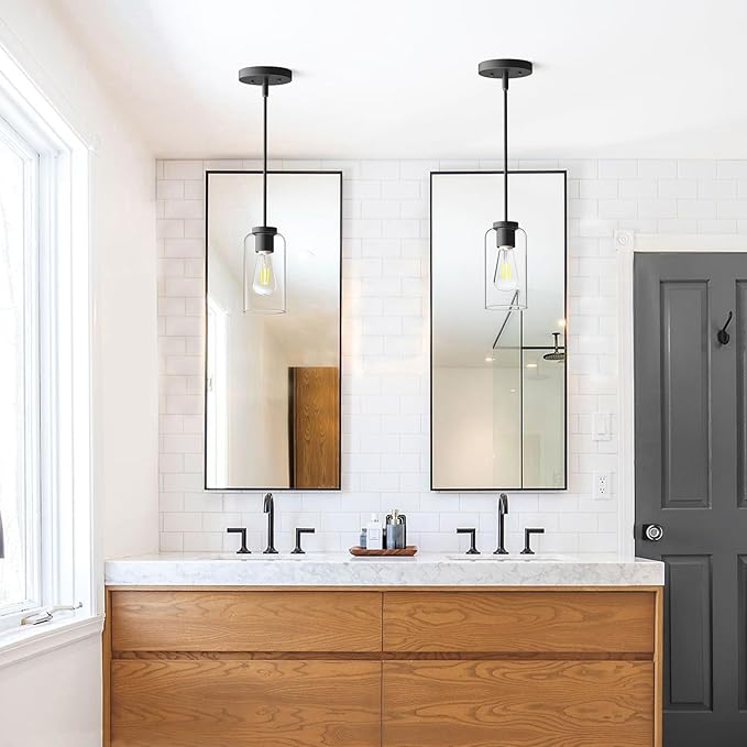 Zevluck Pendant Light Fixtures, Matte Black Pendant Lighting with 5 Adjustable Tubes, Hanging Light Fixtures with Clear Glass Shade, Tiltable Pendant Lighting for Kitchen Island, Dining Room, Bathroom