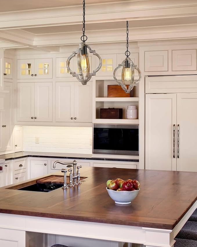 Farmhouse Pendant Lights, 2Pack Wood Dining Room Lighting Fixtures, Adjustable Height Hanging Pendant Lights for Foyer, Kitchen Island, Entryway