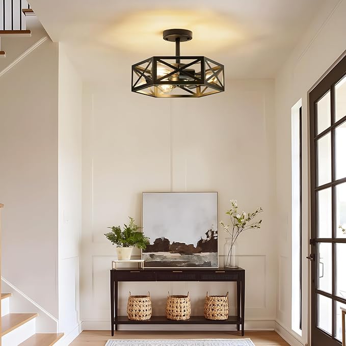 Modern Semi Flush Mount Ceiling Light,3-Light Hexagon Flush Mount Ceiling Lights for Dining Room Light Fixture,Farmhouse Black Metal Kitchen Island Lighting Fixtures for Hallway,Bathroom