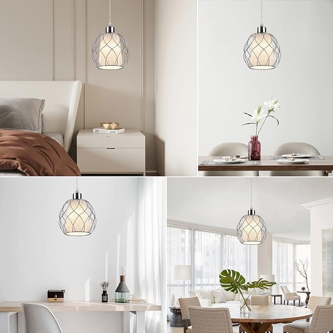 Ruzectt Plug in Pendant Light,Hanging Light with Plug in Cord,Silver Hanging Lamp with Dimmable Switch,15 ft Clear Cord,Hanging Light Fixture for Kitchen Island Living Room Bedroom (Bulb Included)
