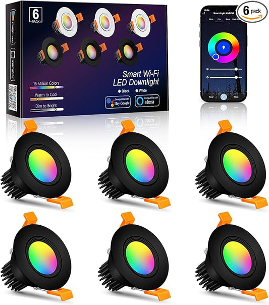 Smart WiFi 2 Inch Black LED Downlight, 5W 120V RGBCW Recessed Light, Dimmable COB 2700K-5000K, Compatible with Alexa/Google, LED Can Lights with Driver, 6 Pack
