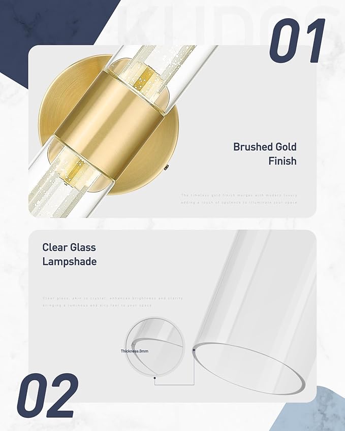 kudos Gold Bathroom Light Fixtures, Modern Sconces Wall Lighting with Crystal Bubble and Clear Glass, 3000K/4500K/6000K Adjustable, KDVL05-GD-2