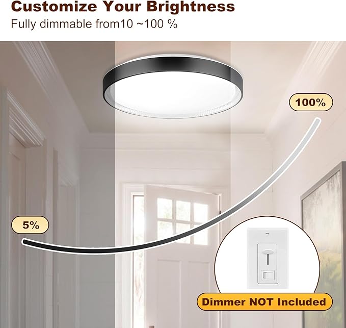 DLLT Flush Mount Ceiling Light: Close to Ceiling Light Fixtures 16 Inch 35W - Dimmable Ceiling Lamp 3000-6000K 5 Color Selectable Ceiling Mount Light for Bedroom Kitchen (Black)