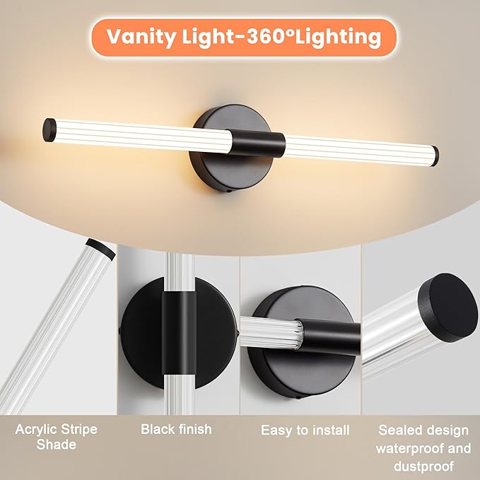 Bathroom Wall Sconces Set of 2 Hardwired, Dimmable 5CCT LED Bathroom Light Fixtures Over Mirror, 360° Full Lighting 23 inch Black Vanity Light Bar Modern Wall Sconce for Bedroom Living Room