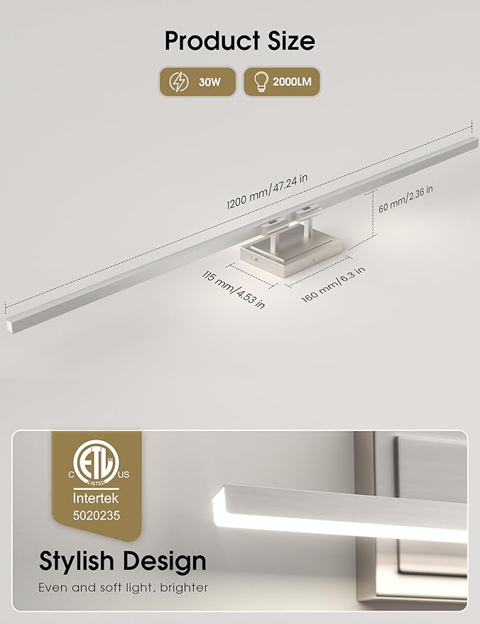 VOLISUN Modern Bathroom Vanity Light 48 inch, Rotatable, 30W Dimmable 5CCT Led Bathroom Light Fixture Over Mirror, Brushed Nickel Bar Vanity Light for Bathroom Mirror Cabinets-ETL Certificated