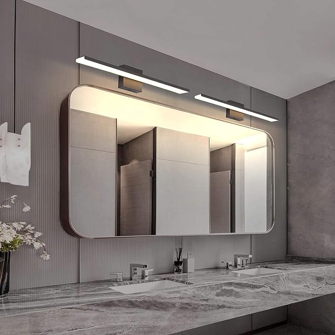 JUSHENG Modern Black Bathroom Vanity Light Fixtures 24" Inch Long Industrial Aluminum LED Bath Wall Light Lamps Over Mirror in Hallway Bedroom Lighting Matte Black 24W 3000K