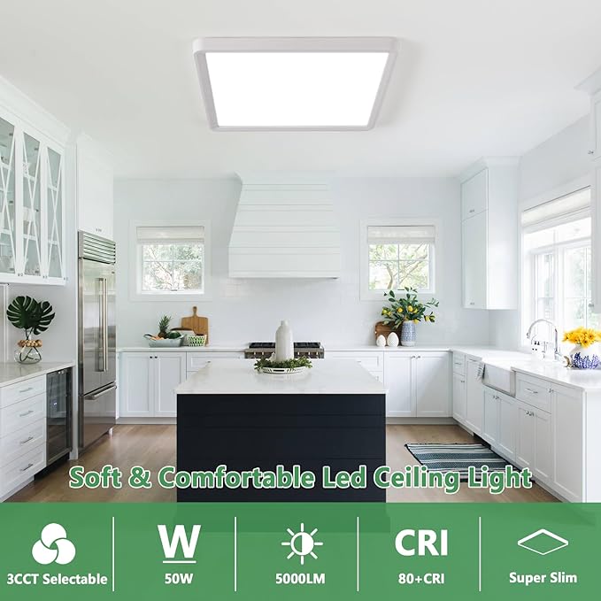 20 Inch Large LED Flush Mount Ceiling Light, 45W, 4500LM, Non-dimmable, 3000K/4000K/6000K CCT Selectable, White Square Flat Panel Light, Low Profile, Fits Hallway, Kitchen, Bedroom, Laundry Room