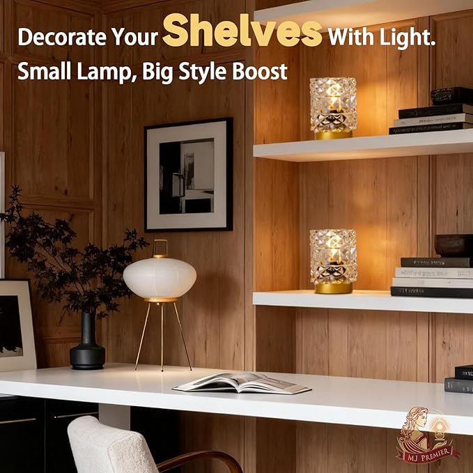 Battery Operated Lamp with Timer, Cordless Table Lamps for Shelf Decor, Rhombus Texture Aesthetic Crystal Lamp, Small Decorative Lamps for Bedroom/Bathroom/Kitchen/Entryway/Dorm (2 Pack Clear)