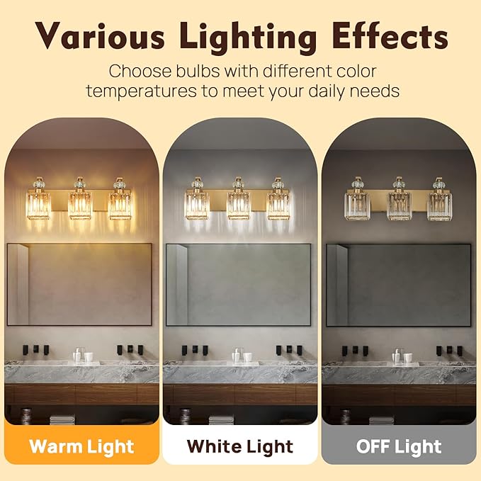 Modern Bathroom Vanity Light, 3-Light Gold Bathroom Lighting Fixtures Over Mirror, 20.5" Crystal Wall Light Sconce for Bathroom/Bedroom/Vanity, Includes LED Bulbs, Easy Installation