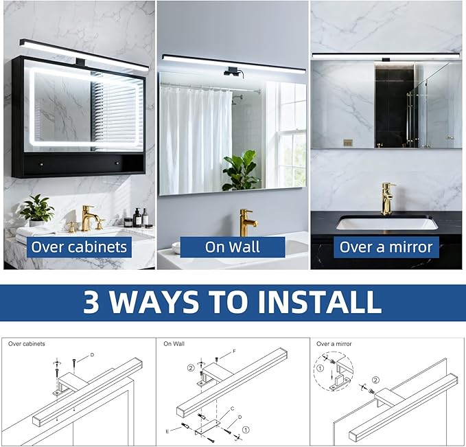 28" Plug in Bathroom Light Fixtures Matte Black Vanity Lights,11W LED Picture Light 3 Installation Methods 6600K White-Light Vanity Light Bar Wall Sconce for Bedroom/Living Room/Kitchen