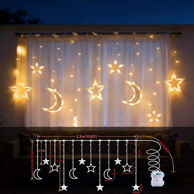 138 LED Star Moon Lights, Twinkle Christmas Curtain String Lights with 8 Modes, Battery Operated Fairy Star Moon with Hooks, Hanging Decor for Ramadan, Bedroom, Wedding, Warm White