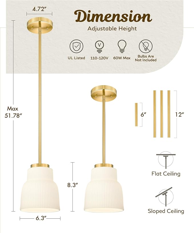FEMILA 6.7" Kitchen Pendant Lighting Over Island, 3 Pack Brushed Gold Pendant Lighting, Milk Glass Hanging Light Fixtures for Bedroom Hotel Dining Room, 4FYD87MIL-3PK BG