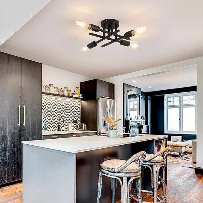 ZGLAOJT Semi Flush Mount 4 Light Ceiling Light Matte Black with E26 Base Modern Chandelier for Farmhouse Kitchen Dining Room Bedroom Study Living Room.