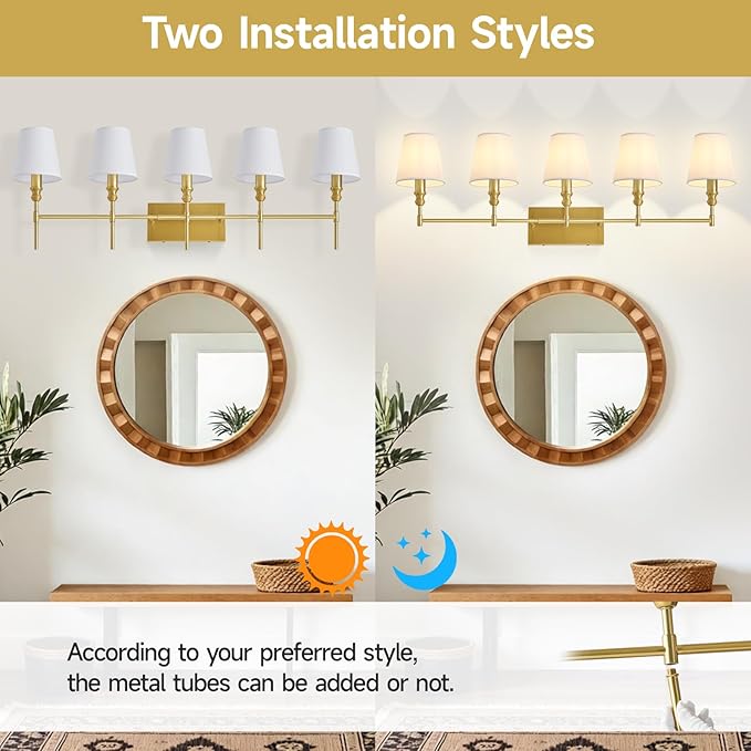 5-light Bathroom Vanity Light,41 IN Vintage Brass Bathroom Light Fixtures Over Mirror,Wall Lamps For Bedroom With Flared White Fabric Lampshade For Living Room,Foyer,Hallway,Hardwired,E12 Base