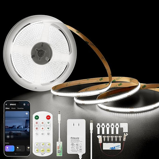 COB LED Strip Lights 6000K Cold White DC24V 16.4ft/5m CRI90+ Super Bright Dimmable Flexible LED Tape Lights with Music Sync Smart App RF Remote Control for Living Room Ceiling Cabinet Lighting