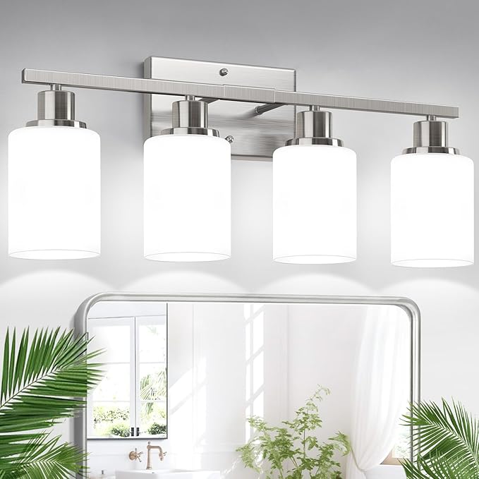 Indoi 4-Light Bathroom Light Fixtures, Brushed Nickel Vanity Lights with Milk Glass Shades, Modern Bathroom Wall Lamp for Mirror Living Room Bedroom Porch