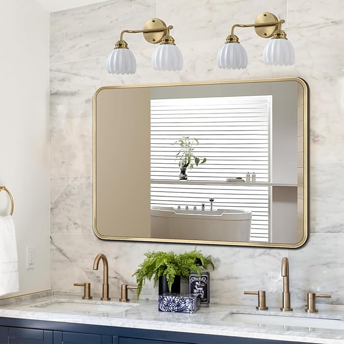 2 Light Vintage Bathroom Light Fixtures, Gold Bathroom Vanity Light, Brass Finish with White Tulip Glass Shade, Wall Lighting for Bedroom, Living Room, Hallway,E26 Base