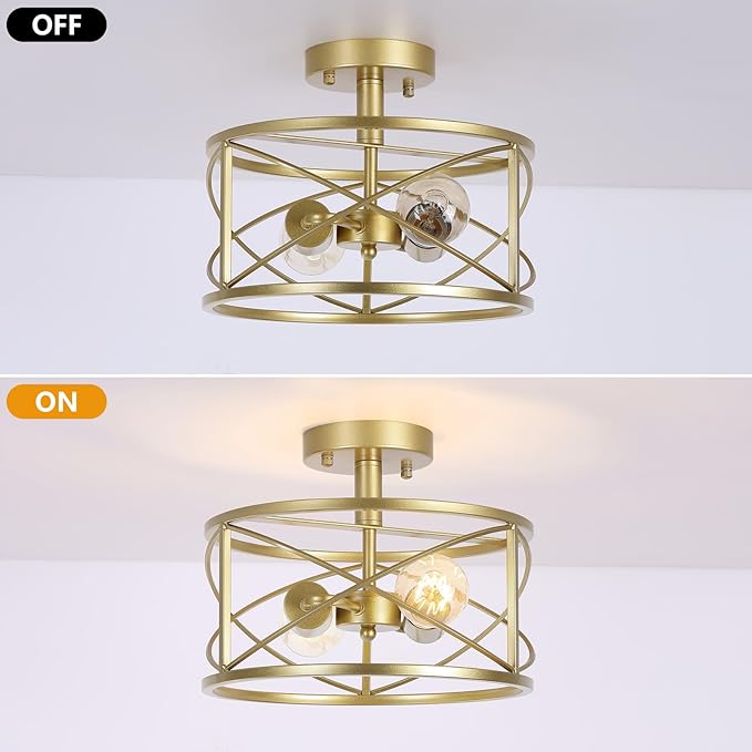 Gold Semi Flush Ceiling Light Fixture, 2-Light Farmhouse Flush Mount Light Fixtures, Modern Industrial Metal Cage Pendant Lighting for Hallway, Bedroom, Kitchen, Foyer, Living Room, Dining Room