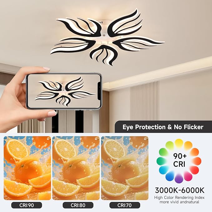 Becailyer 29.5" Flower Shaped Ceiling Light, Dimmable Modern LED Ceiling Lights with Remote Control, 5-Petals Flush Mount Ceiling Lamp for Living Room Bedroom Dining Room, Black