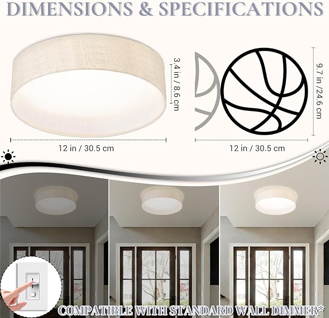 Hamilyeah LED Flush Mount Ceiling Light Fixture Set of 2, Dimmable Ceiling Light Fixture with Fabric Shade 24W 12inch 5CCT, Drum Light Fixture Ceiling Mount for Living Room, Kitchen, Bathroom, Bedroom
