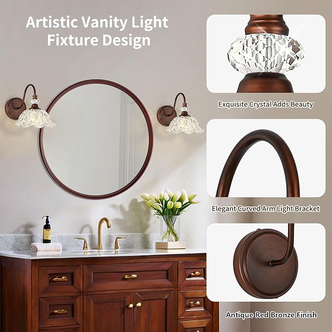 1-Piece Antique Red Bronze Vintage Wall Sconce with Floral Clear Glass Shade, Farmhouse Wall Mount Lighting for Bathroom,Vintage Bathroom Vanity Light Fixtures